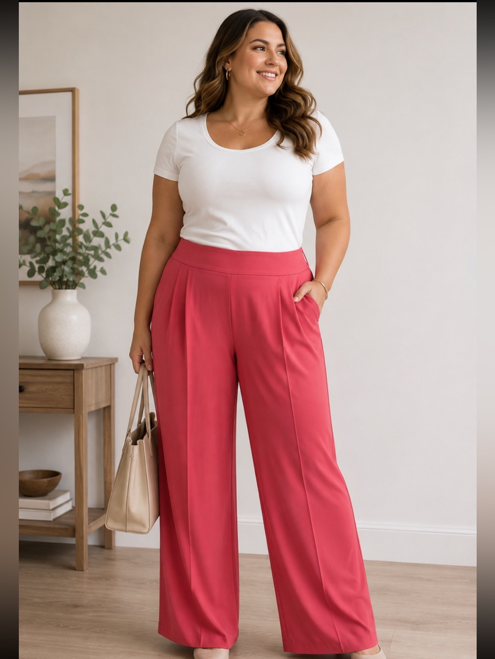 #743 Halara XL Coral Pink Wide Leg Stretch Work Pants Pull On Trousers - Picture 1 of 4
